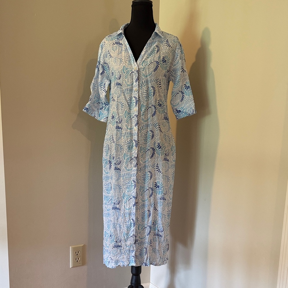 Light Blue Printed Maxi Shirt Dress with Button Front